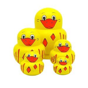 5pcs Wooden Nesting Yellow Ducks Toys Russian Animal Theme Easter Stacking Dolls